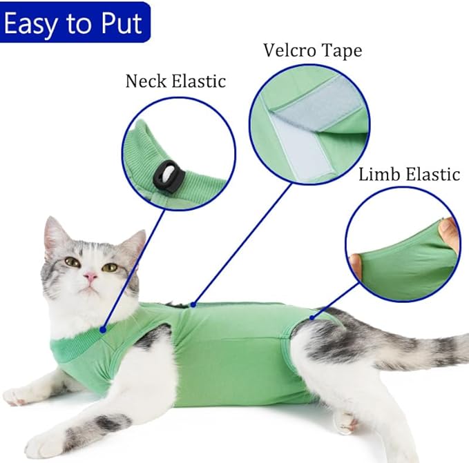Cat Recovery Suit Cat Onesie for Cats After Surgery Female Male Spay Kitten Neuter Surgical Bodysuit Post Surgery Cone of Shame Alternative Anti Licking (Green, Small)