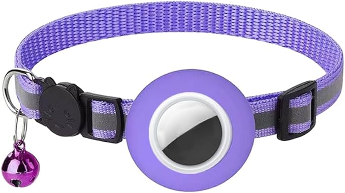 Tracker-Ready Breakaway Cat Collar (No Tracker Included) - Detachable GPS Holder + Safety Bell - Adjustable Reflective Collar with Quick-Release Buckle - for AirTag/Tile Compatible (Purple)