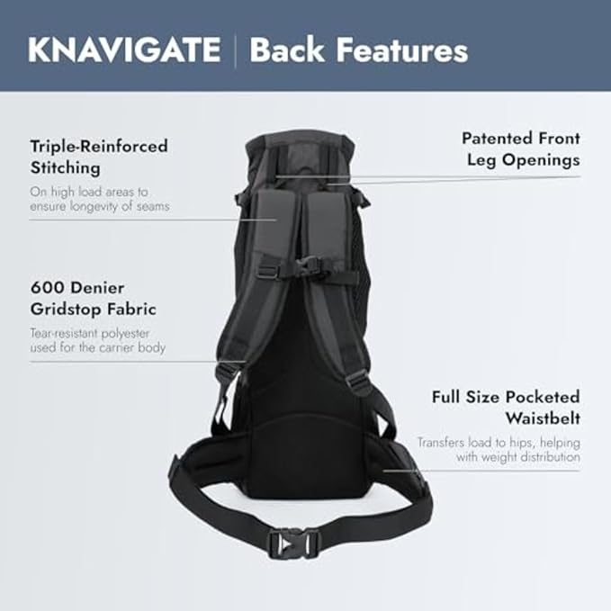 K9 Sport Sack Knavigate - X-Small, Midnight Black - Ideal for Dogs with 9-12” Back Length - Adjustable, Backpack-Style Carrier with Internal Frame & Padded Hip Belt