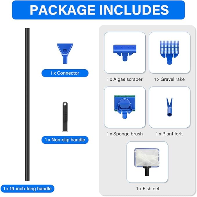 5 in 1 Fish Tank Cleaner Kit Aquarium Cleaning Tools with 19 Inch Anti-Slip Handle Fish Tank Cleaner with Algae Scraper and Fish Net