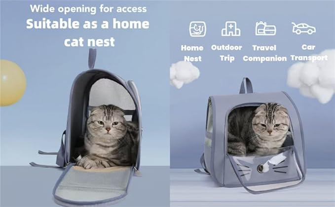 Pet Backpack Carrier, Traveler Breathable Transparent Carrier for Cats or Dogs, Large Space and Foldable Pet Carrier for Travel, Hiking, Shopping, and Vet, Cute, Suitable for Kids (Blue)