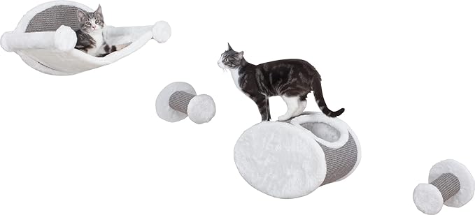 Trixie Wall Mounted Cat Lounge Set with Hammock & Condo – Climbing Shelves with Plush Condos & Sisal Steps – Wall-Mounted Cat Furniture for Scratching & Lounging – Gray, 18.75 x 11 x 11.25 in