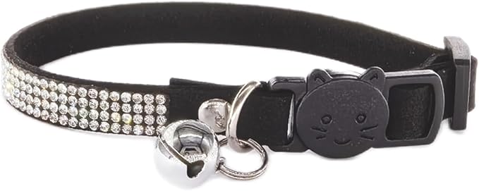 Rhinestone Cat Collar Breakaway Safety Buckle with Bell, Adjustable Diamond Girl Boy Kitty Cute Comfy Collar for Kitten Small Pets Rabbits, 7.5"-11" Black