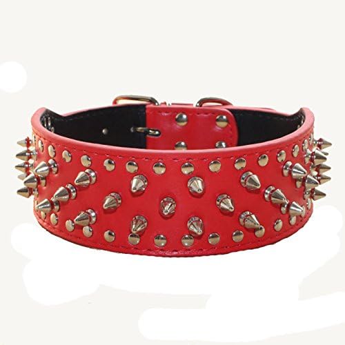 Serijoars Spiked Studded Dog Collar, PU Leather Dog Collar, Adjustable Pet Collars for Medium or Large Breed Pet (XL, Red)