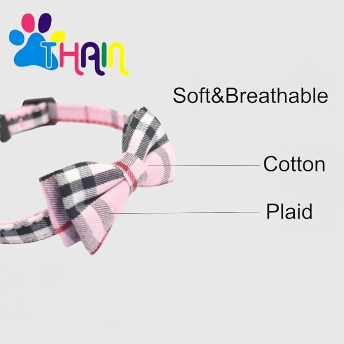 THAIN Cat Collar Breakaway with Bell and Bow Tie Safety Buckle Pink Plaid Pattern Adjustable 7-11 inches for Kitten Cats(Pink Plaid)