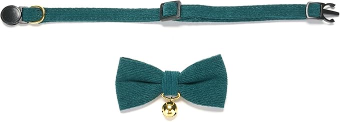 Cotton Breakaway Kitten Collar with Bow Tie and Bell Adjustable Cute Soft Corduroy Cat Collars for Small Cats(Dark Green,XS)