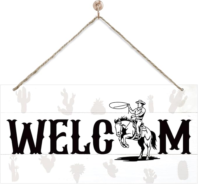 Welcome Sign for Front Door, Welcome Decor Wooden Hanging Sign for Wall Decor, West CowBoy Pattern Hanging Signs, Funny Wooden Outdoor Front Door Decoration 13.8X6.9 inches