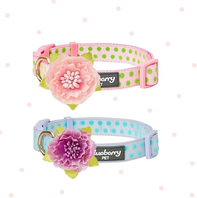Blueberry Pet Adjustable Flocking Dog Collar with Silk Flower, Polka Dot in Baby Pink, Large - Dog Collars for Small Dogs, Girl Dog Collars, Pink Dog Collar, Neck 18-26"