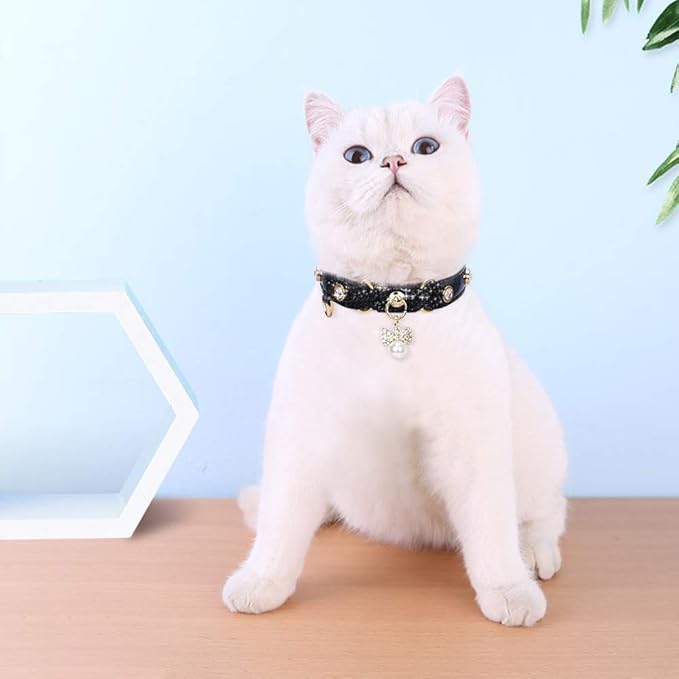 PetsHome Cat Collar, Dog Collar, [Bling Rhinestones] PU Leather Adjustable Pet Collar with Luxury Pendant for Cat and Small Dog Extra Small Black