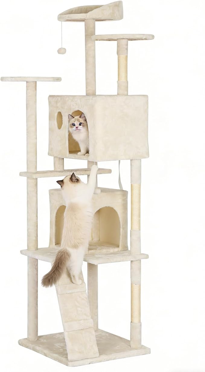 BestPet | 81" Cat Tree Tower | Cream | Sturdy, Easy to Assemble, Multi-Level Activity Center with Sisal Scratching Posts, Condos, Perches, Hanging Cat Toys, Observation Decks & Ladder