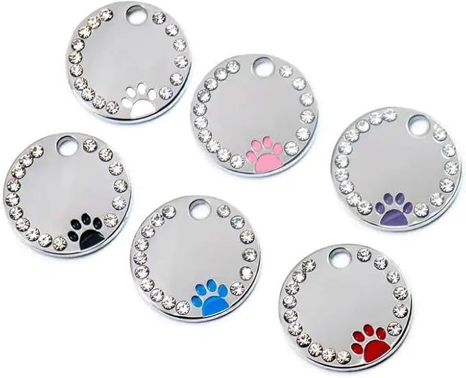 Personalized Dog/Cat Cute Paw Pet ID Tag for Pet Collar or Key Chain - Custom Laser Engraved Unique Dog/cat Name tag with Phone Number (Purple, Crystals Round-Small)