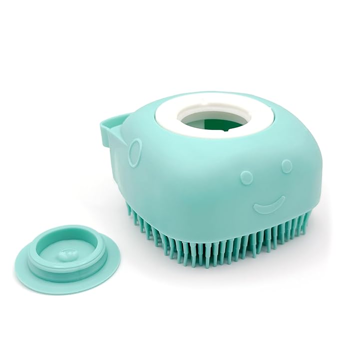 HamInWay Dog Bath Brush, 2-in-1 Dog Grooming Brush with Built-in Shampoo Dispenser, Gentle Silicone Bristles for Bath & Massage, Non-Slip Handle, Easy Clean Design for Dogs, Cats & Small Pets, Blue