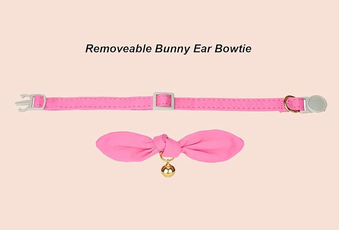Bunny Ear Cat Collar with Bell and Bow Tie, Breakaway Cute Bowtie Kitten Collars(Hot Pink)