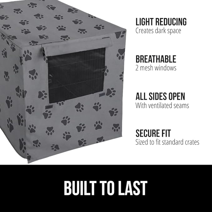 GORILLA GRIP Dog Crate Covers compatible with Amazon Basics Dog Crates, All Sides Open, Privacy Cover Fits 24" Wire Kennel, Breathable Mesh Windows, Light Reducing Puppy Training Cage Topper, Gray Paw