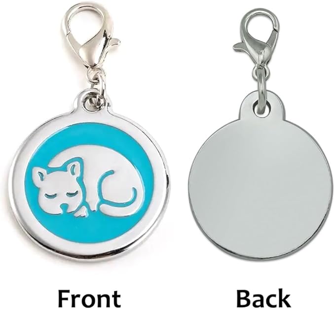 Personalized Pet ID Tags for Kittens and Cats - Custom cat Name tag and ID tag for Collar (Blue, Sleeping Cat Round-Small)