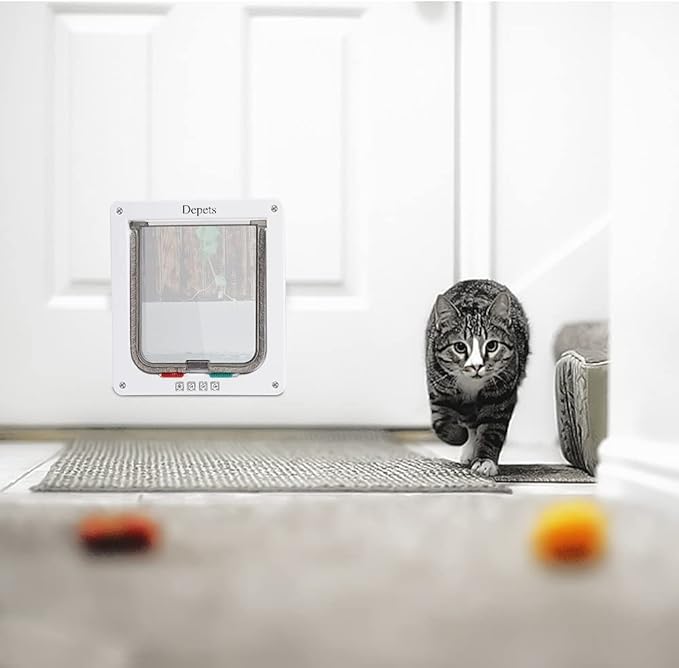 Depets Medium Cat Flap Door with 4 Way Lock (Outer Size 7.5" x 7.8"), Magnetic Pet Door Kit White, Weather-Resistant Cat Door for Cats & Doggy