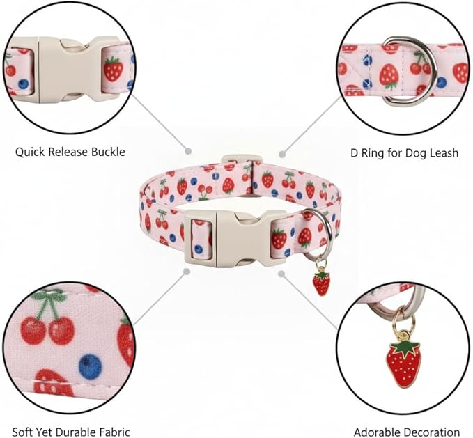 Girl Dog Collar, Cute Dog Collar for Medium Dogs with Cute Strawberry, Cherry and Blueberry Print, Pink Collar for Dogs with Quick-Release Buckle and Robust D Ring, M