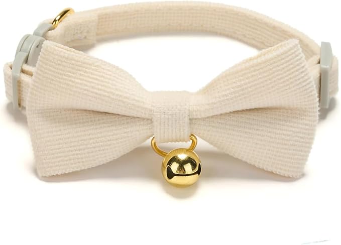 Soft Corduroy Cat Collar, Plaid Pattern, with Bell and Bowtie, Quick Release,Safety Breakaway Clasp, Adjustable for Kitten and Cats.(White+Blue)