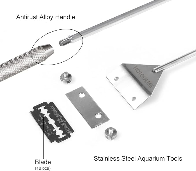 HOTOOLME Aquarium Scraper, 25.6" Stainless Steel Scraper Cleaning Razor with 10 Blades for Glass Aquarium Fish Tank