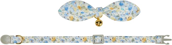 Bunny Ear Bowtie Cat Collar with Bell 2 Pack Cotton Breakaway Kitten Collars with Removeable Bow Stylish Cat Collars(Floral Blue)