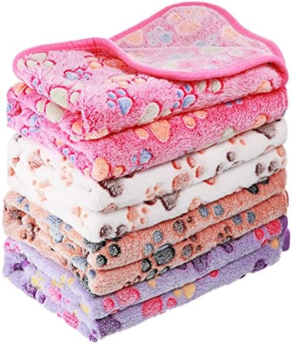 Tatuo 4 Pcs Dog Blanket for Pet Cat Blankets Indoor Puppy Teething Stuff Toys Paw Print Fleece Soft Blanket Sleep Mat for Guinea Pig Cage(White, Coffee, Pink, Purple,Medium(30 x 20.5 Inch),Square)