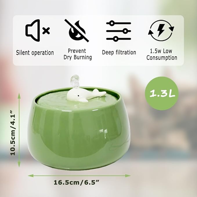Ceramic Cat Water Fountain, 45oz/1.3L Ultra-Silent Automatic Pet Drinking Water Dispenser for Cats Indoor with Cute Design, Activated Carbon Filter, Perfect for Cats and Small Dogs (Green)