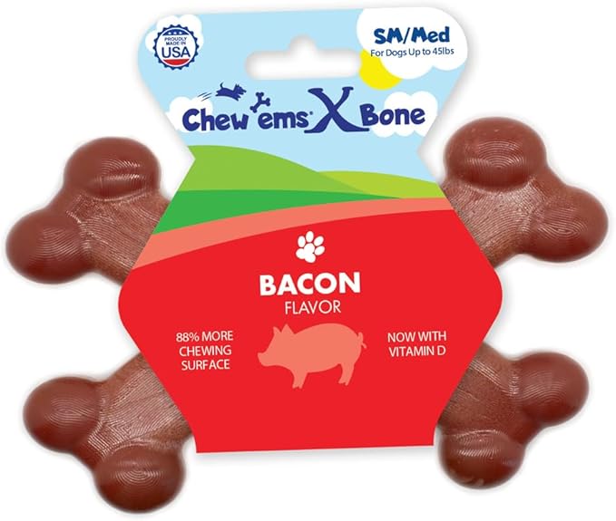 Chew’EMS X Bone Dog Chew Toy for Aggressive Chewers – Long-Lasting Bacon Flavor Nylon Bone – Durable, Rawhide-Free Dental Toy - Small Size – Made in USA