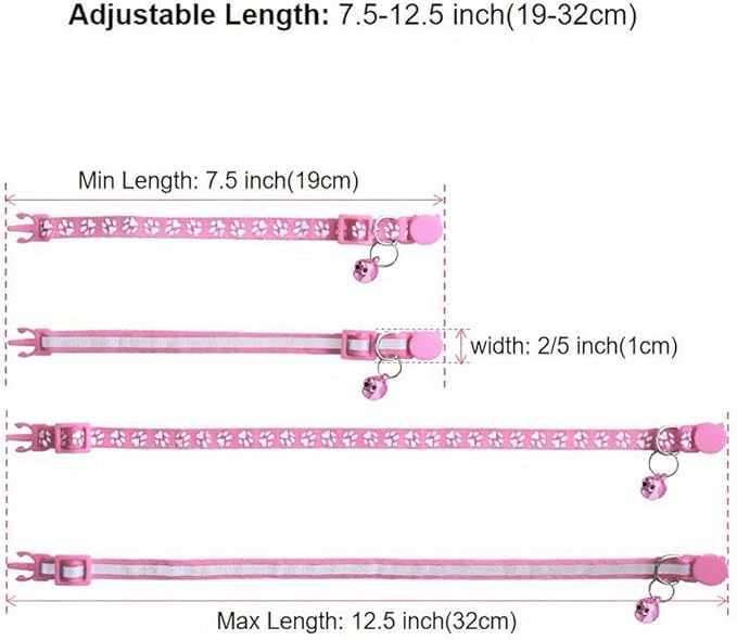 2 Pack Breakaway Cat Collars with Bells, Reflective Design and Claw Print Design, Safety Buckle, Adjustable 7.5-12.5 Inches for Kittens & Cats (Pink)