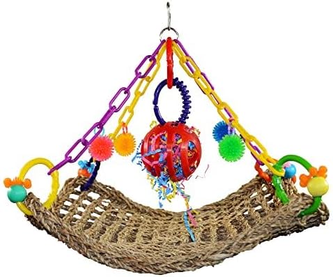 Super Bird Creations SB748 Flying Trapeze Bird Toy for Conures, Quakers, Cockatiels, Parrots, Senegals, Multi-Colored Chain, Seagrass Mat, Enrichment Toy - Medium Bird Size, 14" x 13" x 12"