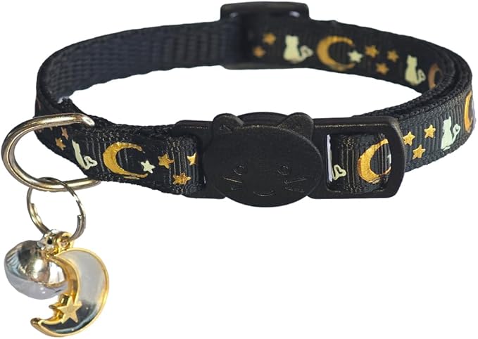2 Pack Breakaway Cat Collars, Glow in Dark with Bell & Moon Star Pendant, Safety Buckle Kitten Collars Adjustable from 6.9-10.7" (Black/Purple)