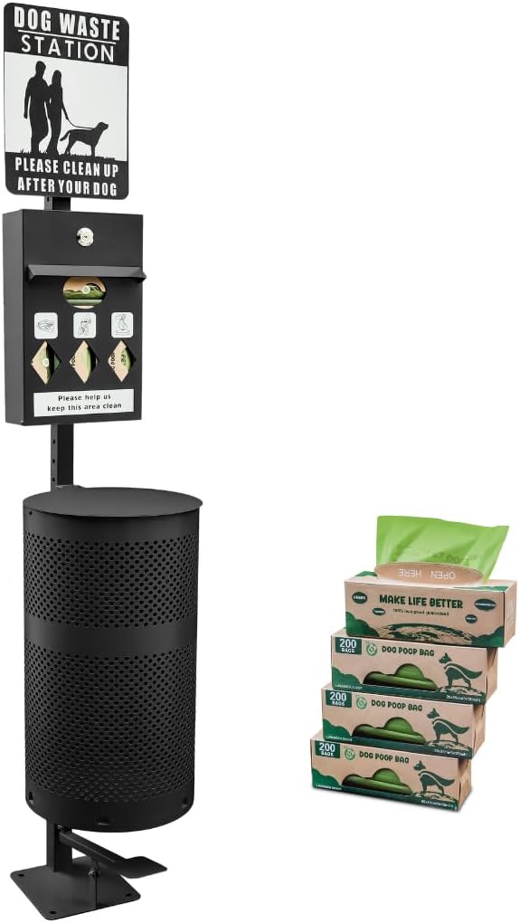 Hands-Free Dog Waste Station Outdoor with Pedal - Dog Waste Disposal System for Park & Trails - Rust Proof Doggie Station - Night Glowing Sign | 800 Pet Waste Bags & 100 Can Liners (Black)
