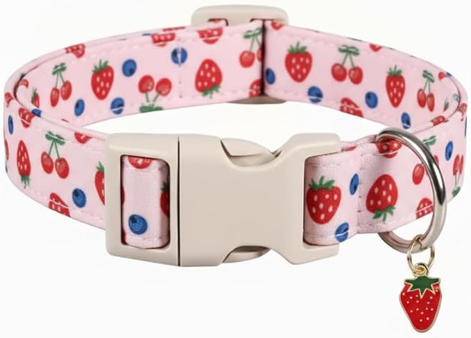 Pink Dog Collar, Female Dog Collar for Large Dogs with Strawberry, Cherry and Blueberry Print, Spring Summer Collar Made of Durable Soft Fabric, L
