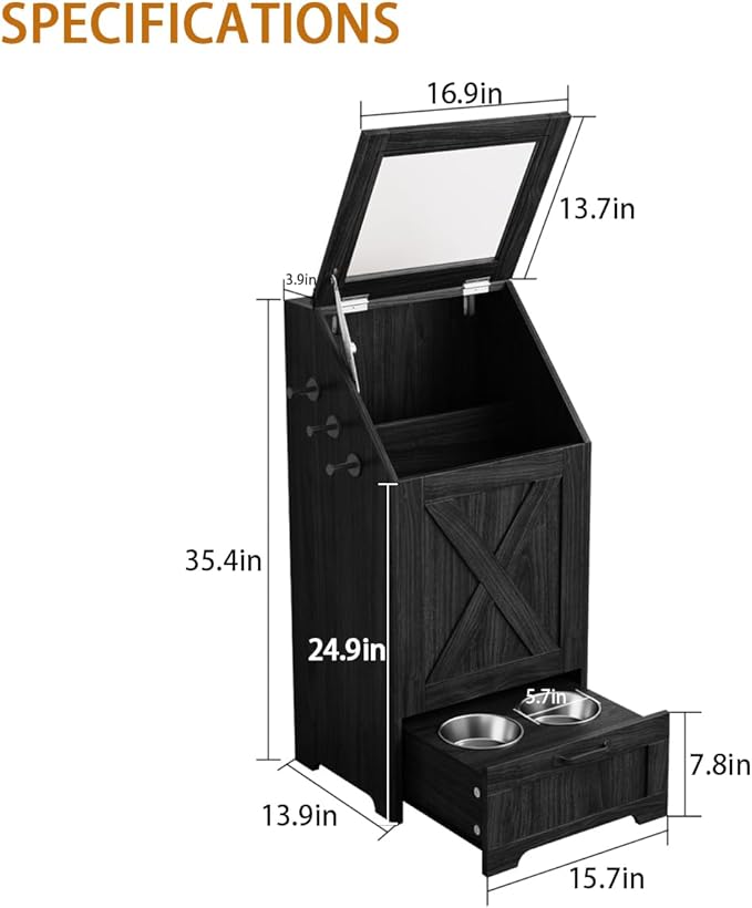 Dog Feeding Station with Storage Cabinet and 2 Elevated Dog Bowls, Hidden Pet Food Storage Organizer for Dog &Cat,Modern Dogs Furniture (Black)