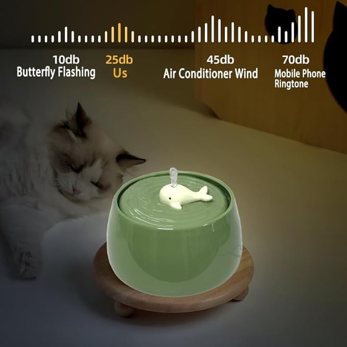 Ceramic Cat Water Fountain, 45oz/1.3L Ultra-Silent Automatic Pet Drinking Water Dispenser for Cats Indoor with Cute Design, Activated Carbon Filter, Perfect for Cats and Small Dogs (Green)