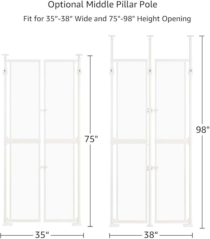 unipaws Transparent Clear Cat Safety Gate, 75"-98" Height and 35"-38" Wide Adjustable, Auto Closing and No Drilling Plus Stable 3 Support Pillars, Extra Tall for Doorway, Stairs, White
