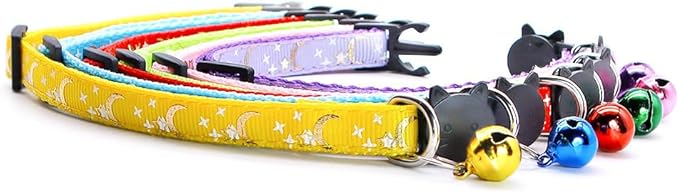 Reflective Cat Collars Breakaway with Bell 2-Pack Girl Boy Pet Kitten Collar with Star Moon Patetrn Adjustable 7.5-12.5 Inch (Red)