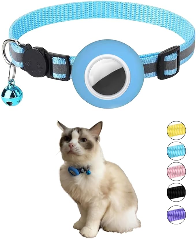 Tracker-Ready Breakaway Cat Collar (No Tracker Included) - Detachable GPS Holder + Safety Bell - Adjustable Reflective Collar with Quick-Release Buckle - for AirTag/Tile Compatible (Light Blue)