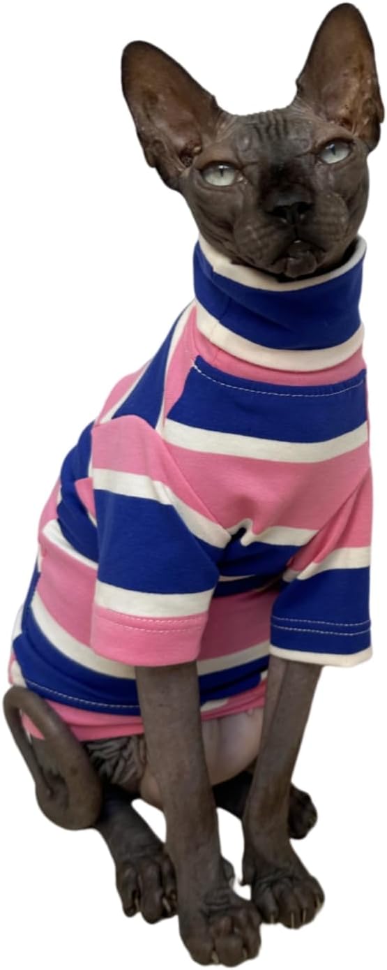 Vintage Stripes Sphynx Hairless Cats Shirt Cotton Cat Turtleneck Pet Clothes Kitten T-Shirts with Sleeves for Sphynx Cats (Wide Pink Blue Stripe, Medium)