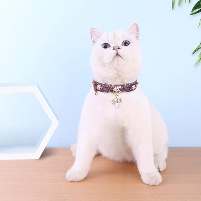 PetsHome Cat Collar, Dog Collar, [Bling Rhinestones] PU Leather Adjustable Pet Collar with Luxury Pendant for Cat and Small Dog Extra Small Purple