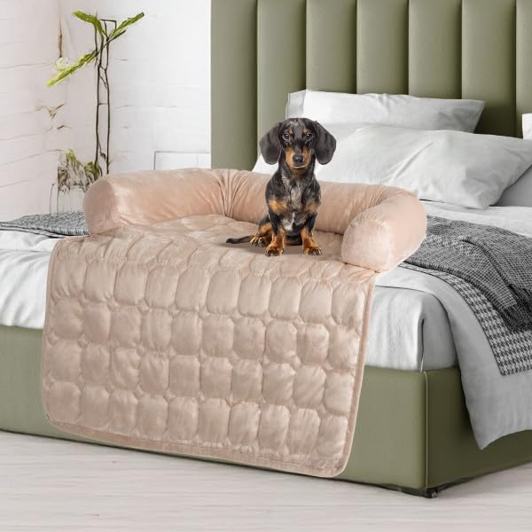 Couch Cover for Dogs – 30x30.5 Pet Furniture Protector with Memory Foam Bolster, Quilted Fabric, Non-Slip Water-Resistant Base by PETMAKER (Beige)