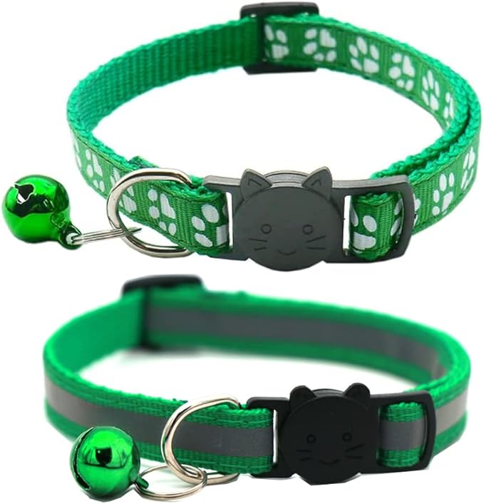 2 Pack Cat Collars Quick Release Reflective Kitten Collar with Bell & Safety Release (Dark Green)