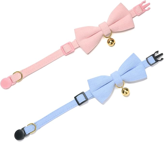 2 Pack Soft Corduroy Cat Collars with Bow Tie & Bell, Adjustable Breakaway Cotton Kitty Bowtie Collar for Girl Boy Kitten (Pink & Blue)