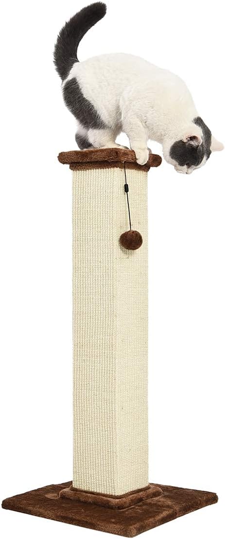 Amazon Basics Sturdy Cat Scratching Post for Indoor Cats & Kittens, Classic Single Post with Sisal Rope, Jute Fiber, Wood Base, Large (35.4"H), Brown