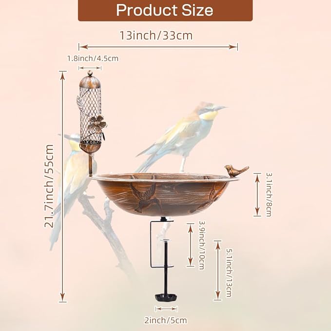 DREAMSOUL Deck Bird Bath with Feeder, 13" Bird Bath for Outside with Adjustable Sturdy Steel Clamp, Metal Birdbath Bowl for Railing Balcony Patio Decor
