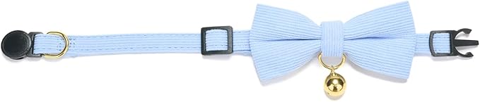 Soft Corduroy Cat Collar, Plaid Pattern, with Bell and Bowtie, Quick Release,Safety Breakaway Clasp, Adjustable for Kitten and Cats.(White+Blue)