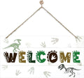 Welcome Sign for Front Door, Playroom Wall Decor, Dinosaur Theme Wall Hanging Decor, Gift for Dinosaur Lover, Funny Wooden Outdoor Front Door Hanging Decoration 13.8X6.9 inches