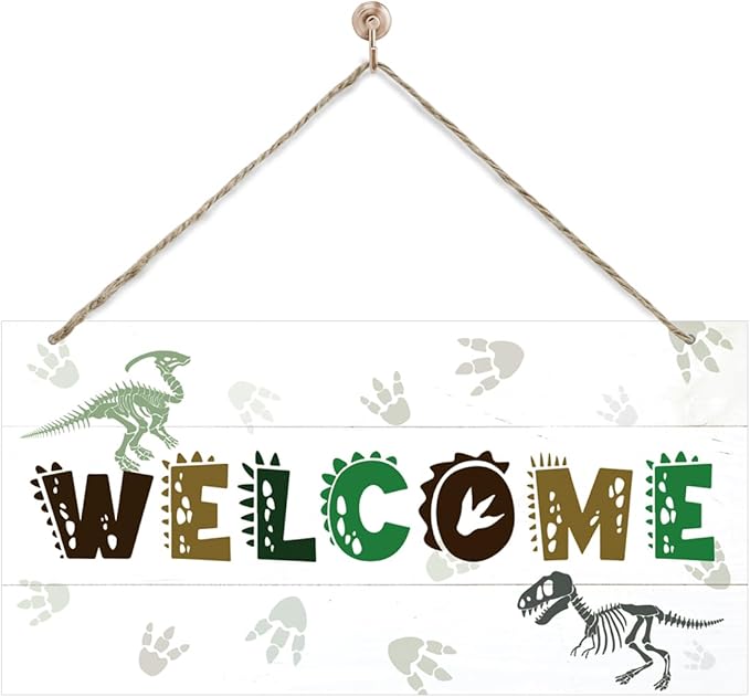 Welcome Sign for Front Door, Playroom Wall Decor, Dinosaur Theme Wall Hanging Decor, Gift for Dinosaur Lover, Funny Wooden Outdoor Front Door Hanging Decoration 13.8X6.9 inches