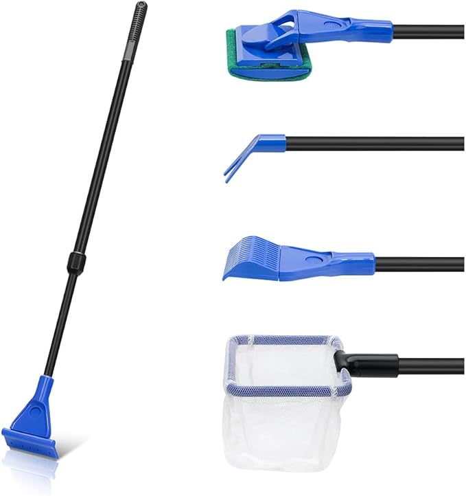 5 in 1 Fish Tank Cleaner Kit Aquarium Cleaning Tools with 22~32 Inch Extendable Non-Slip Handle Fish Tank Cleaner with Algae Scraper and Fish Net