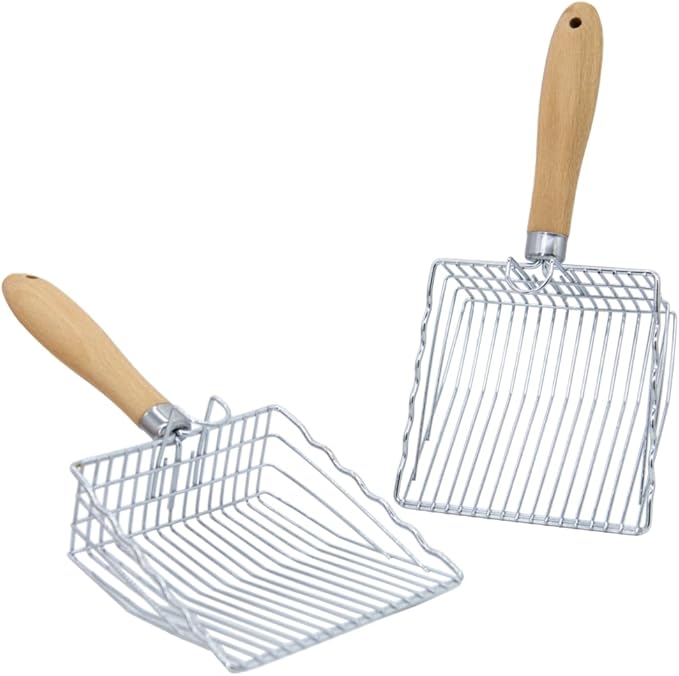 2 Pack Metal Cat Litter Scoops, Heavy-Duty Kitty Scooper with Hook, Stainless Steel Kitten Poop Lifter for Litter Box, Speed Sifter with Comfortable Beech Wood Grip