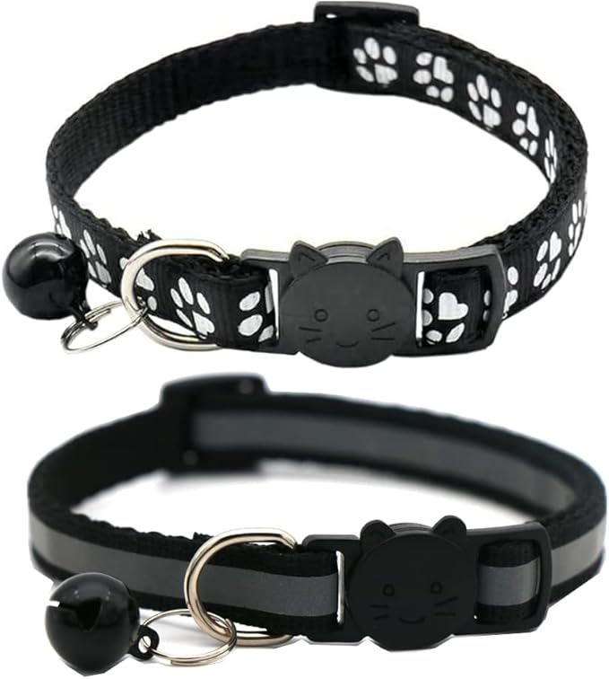 2 Pack Cat Collars Quick Release Reflective Kitten Collar with Bell & Safety Release (Black)